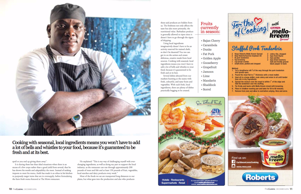 The Mews Restaurant Barbados' Chef Anife in Fine Cuisine Magazine