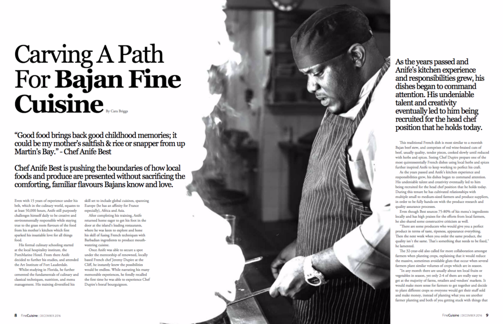 The Mews Restaurant Barbados' Chef Anife in Fine Cuisine Magazine