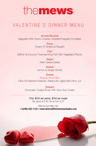Valentine's Day Dinner Menu 2017 - The Mews Barbados