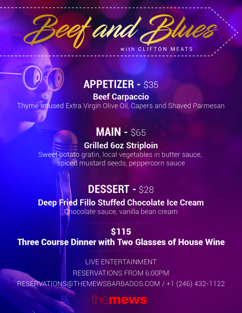 The Mews Restaurant Barbados - Friday - Live Entertainment - Steak Specials Menu 2