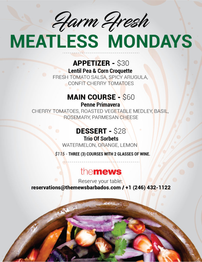 Mews Meatless Mondays Menu 1 - Vegetarian Barbados Restaurant
