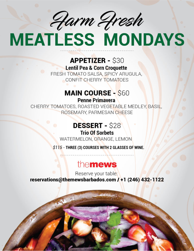 Mews Meatless Mondays Menu 1 - Vegetarian Barbados Restaurant 